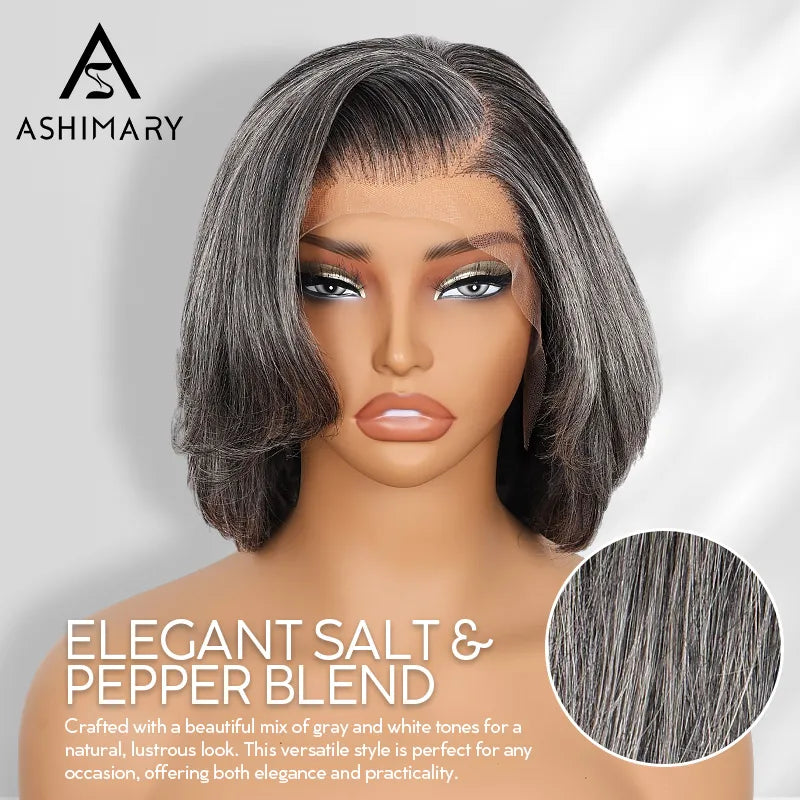 Salt and Pepper Pre-Styled Layered Cut Short Bob Wig Blowout Hairstyle Human Hair Wig