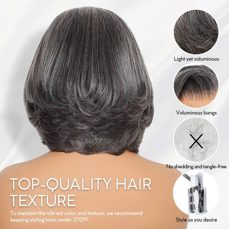 Salt and Pepper Pre-Styled Layered Cut Short Bob Wig Blowout Hairstyle Human Hair Wig