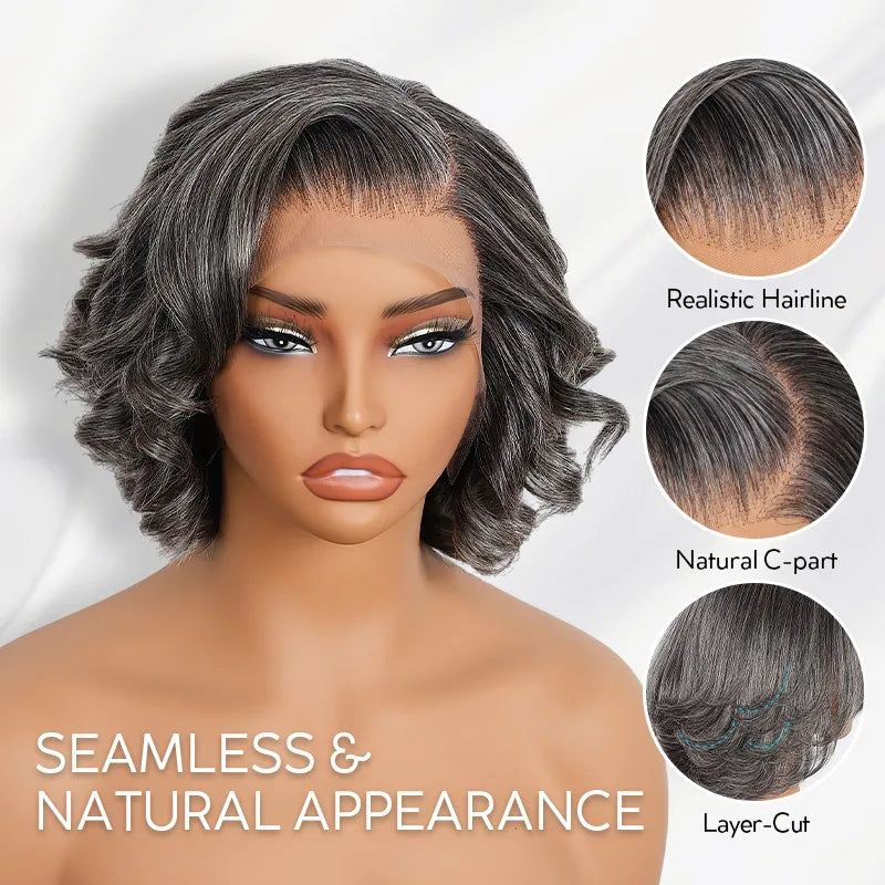 Salt and Pepper Pre-Styled Layered Cut Short Bob Wig Blowout Hairstyle Human Hair Wig