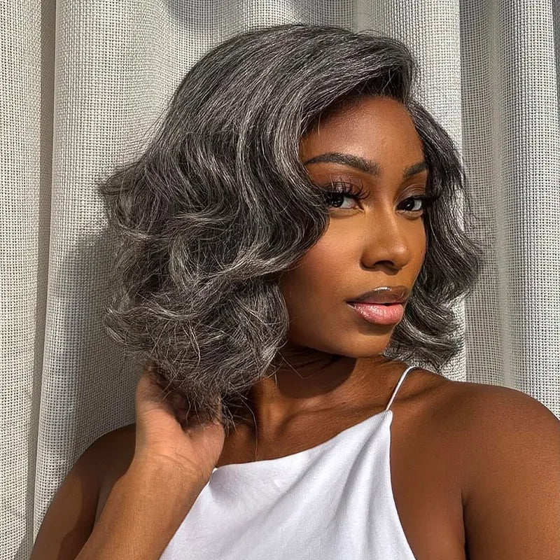 Salt and Pepper Pre-Styled Layered Cut Short Bob Wig Blowout Hairstyle Human Hair Wig
