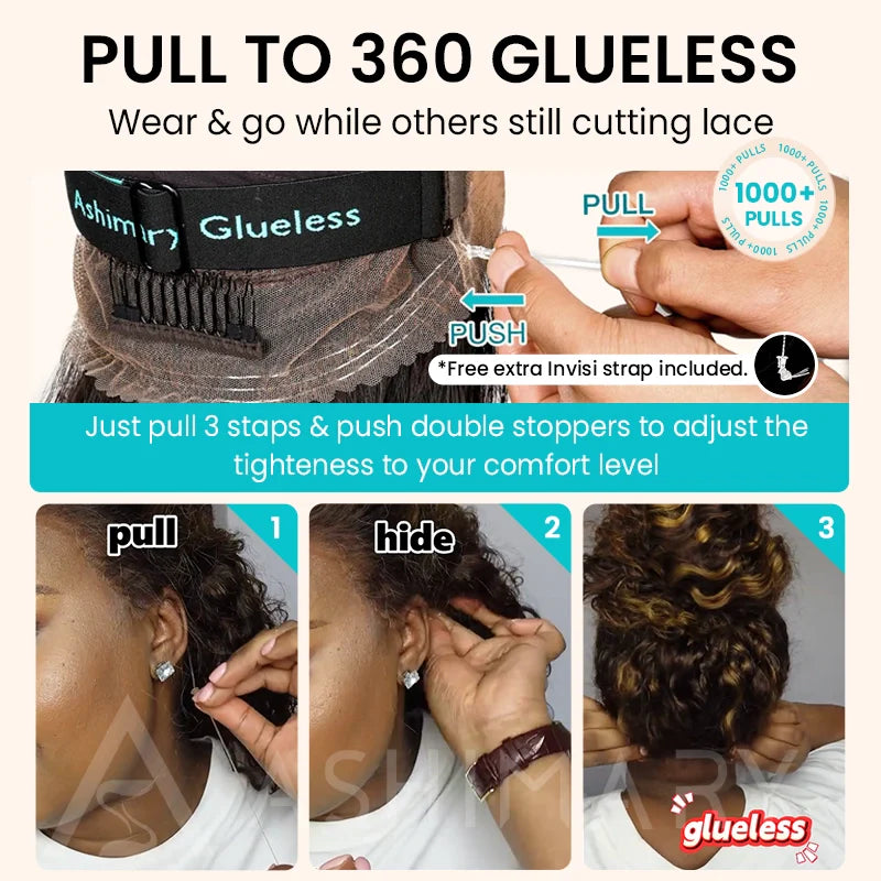 Ashimary 360 Invisi Strap Upgrade Glueless Highlight Brown Kinky Straight Lace Frontal Wig With Pre-Bleached Seamless Knots 4D Auto-Fit Cap