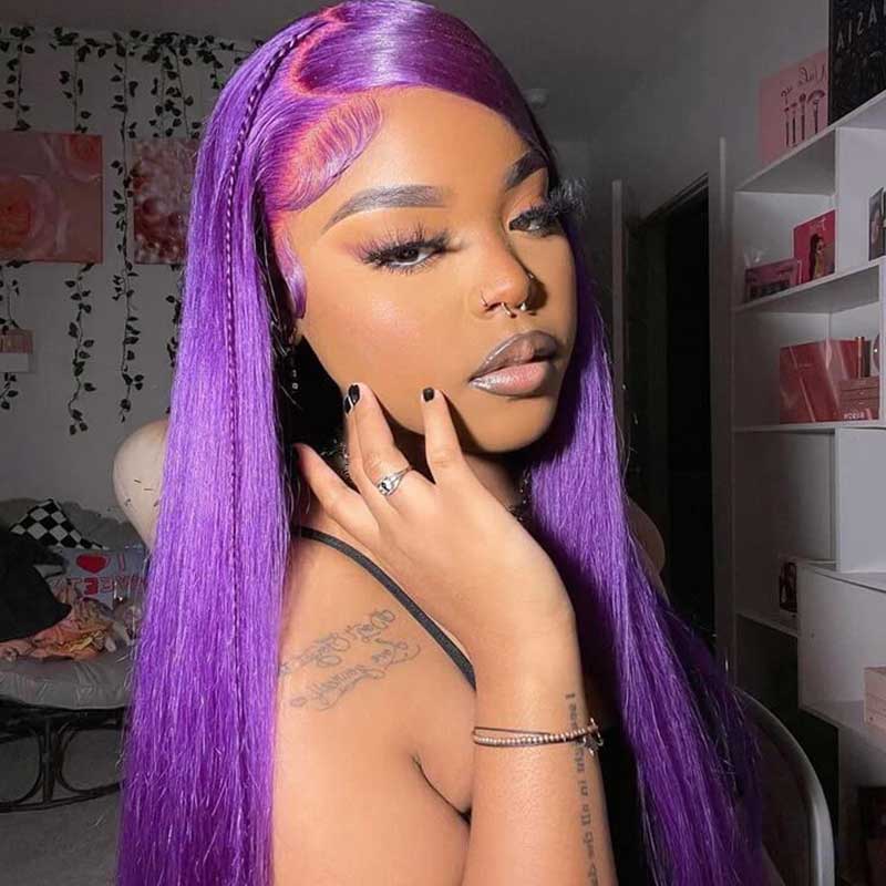Purple Color Pre Plucked 5*5 13*4 Transparent Lace Frontal Wigs Straight Hair