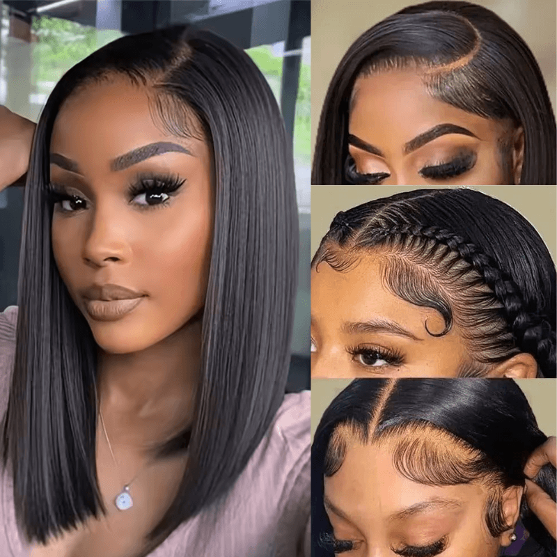 Glueless Double Drawn Blunt Cut Bob Transparent Lace Wig 10A Double Drawn High Density Human Hair