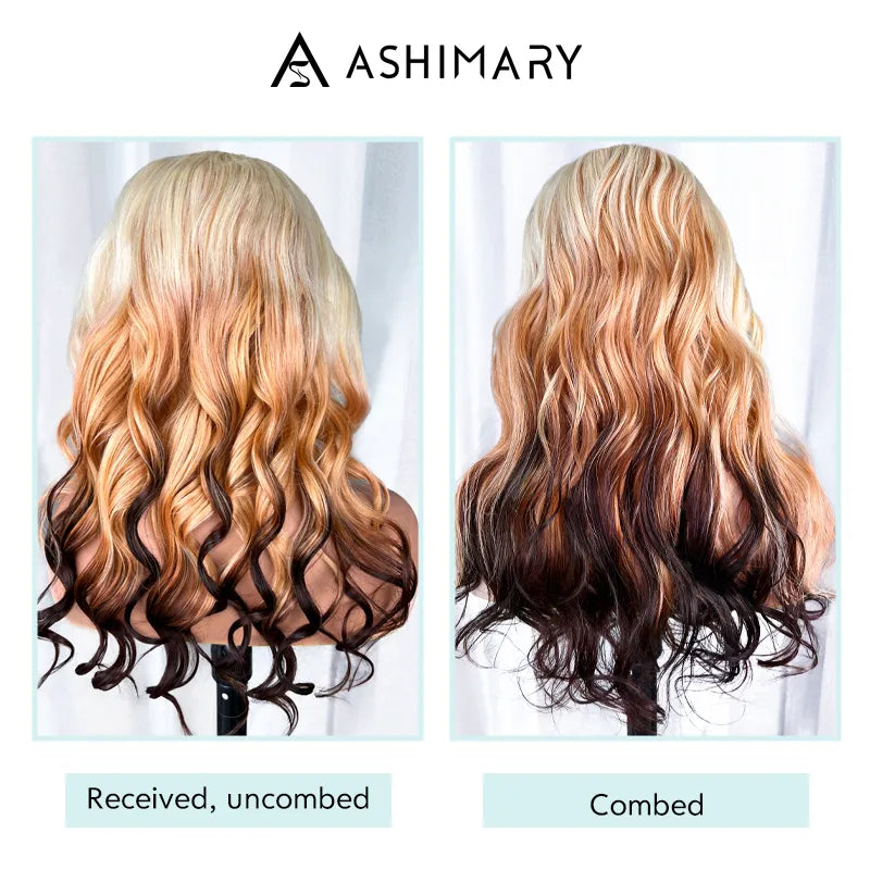 613 Blonde Brown Ombre Body Wave 13x4 Transparent Lace Front Wigs Ashimary Human Hair