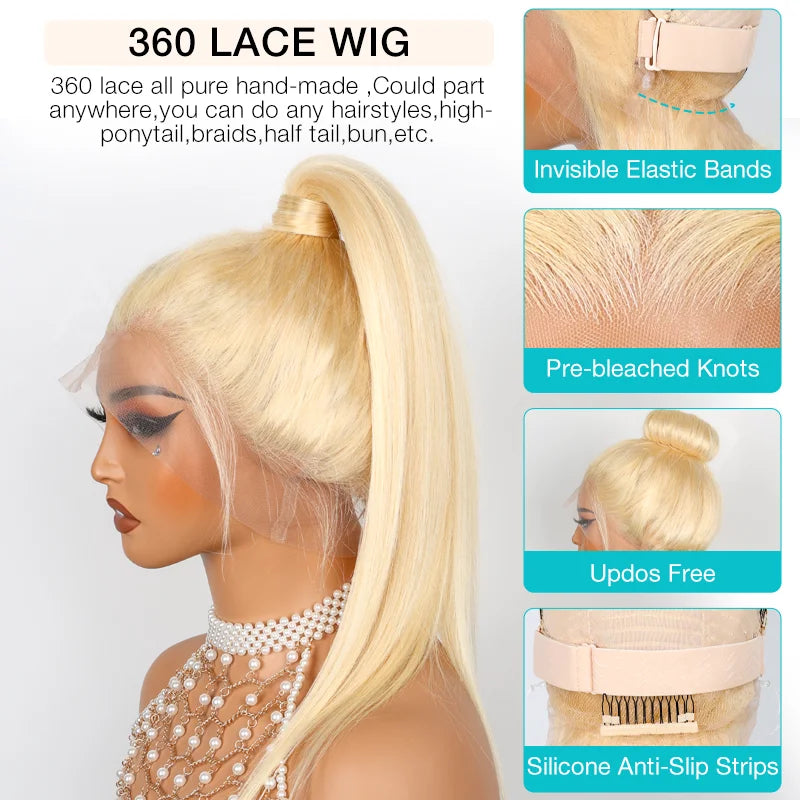 Upgrade Glueless Invisi Strap 360 Skin Lace Frontal 613 Blonde Straight Wig No Gel Stable Put on & Go Wigs