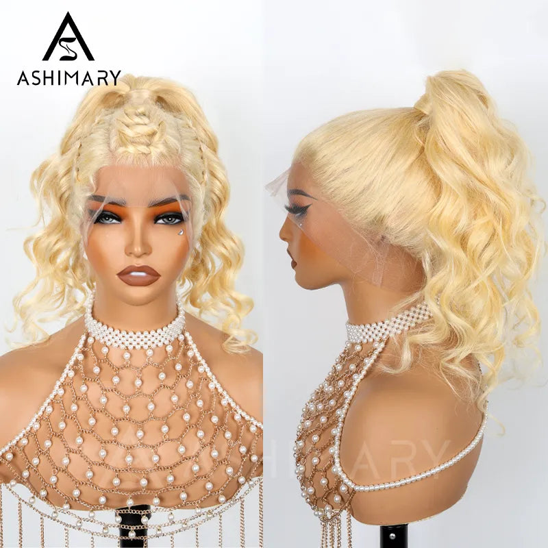 Ashimary Upgrade 360 Skin Lace Frontal with Invisi Strap Blonde 613 Body Wave Glueless Wig No Gel Needed Breathable Human Hair wig