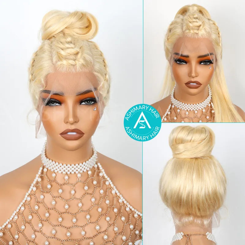 Ashimary Upgrade 360 Skin Lace Frontal with Invisi Strap Blonde 613 Body Wave Glueless Wig No Gel Needed Breathable Human Hair wig