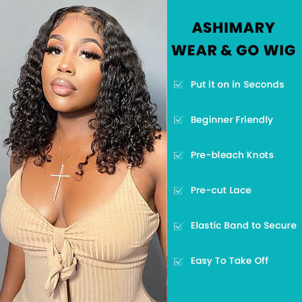 Bohemian Curly Wear And Go Water Wave HD Transparent Lace Closure Bob Wig With Pre-cut lace  & Bleached Knots