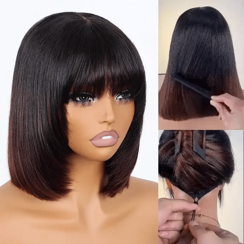 Pull Go 3x1 Minimal Lace Wig Pre-Cut Layers Mocha Brown Ombre Yaki Straight Bob Wig