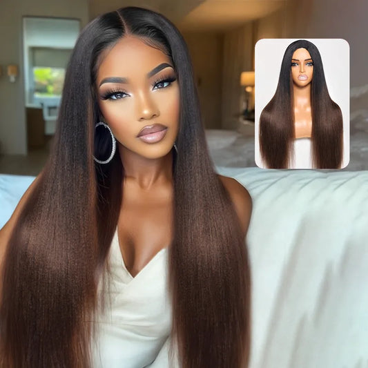 Yaki Straight Black Brown Ombre Half Wig With Drawstring Wear Go 3 in 1 Wig Flexible Fit Beginner Friendly