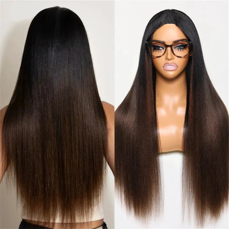 Yaki Straight Black Brown Ombre Half Wig With Drawstring Wear Go 3 in 1 Wig Flexible Fit Beginner Friendly