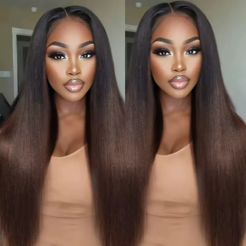 Yaki Straight Black Brown Ombre Half Wig With Drawstring Wear Go 3 in 1 Wig Flexible Fit Beginner Friendly