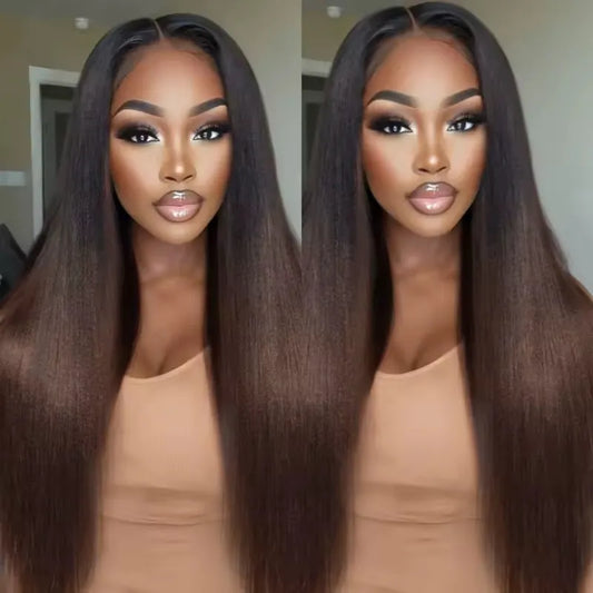 Yaki Straight Black Brown Ombre Half Wig With Drawstring Wear Go 3 in 1 Wig Flexible Fit Beginner Friendly