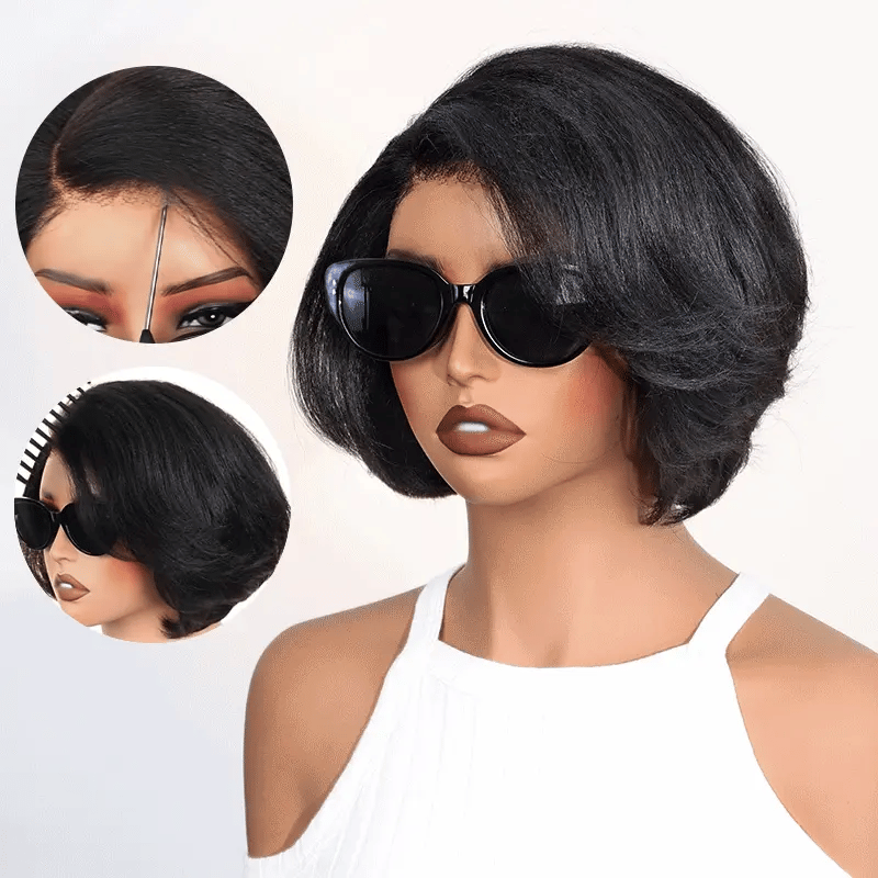 Yaki Straight Layered Wig 6x4.5 Lace Closure Short Pixie Cut Wig for Black Women Silk Press Human Hair Bob Wig