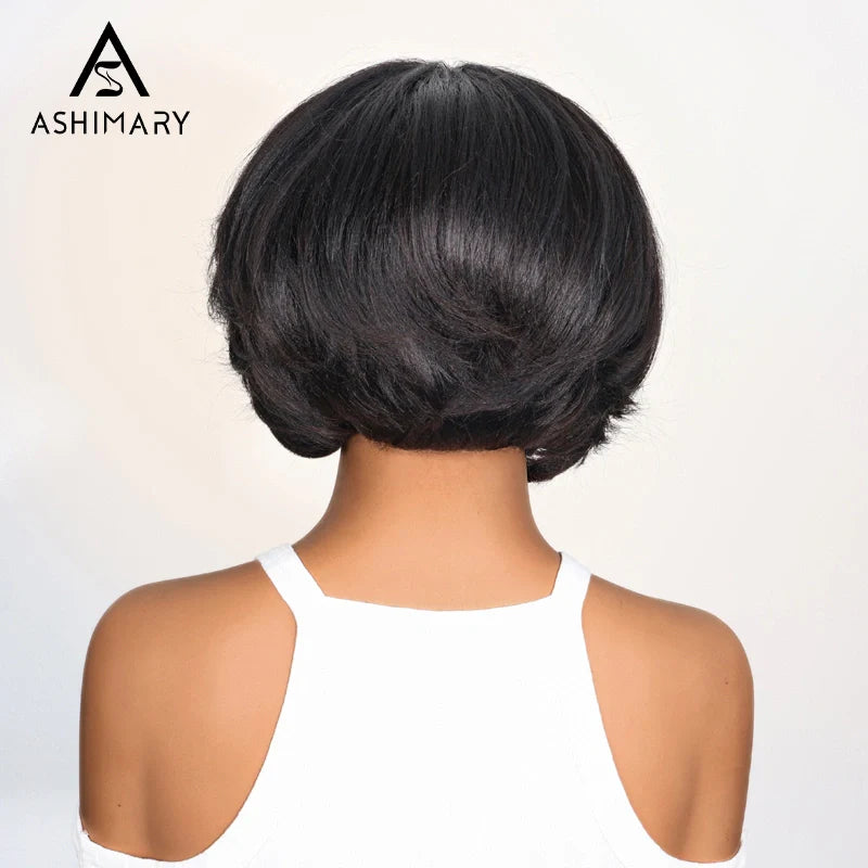 Yaki Straight Layered Wig 6x4.5 Lace Closure Short Pixie Cut Wig for Black Women Silk Press Human Hair Bob Wig