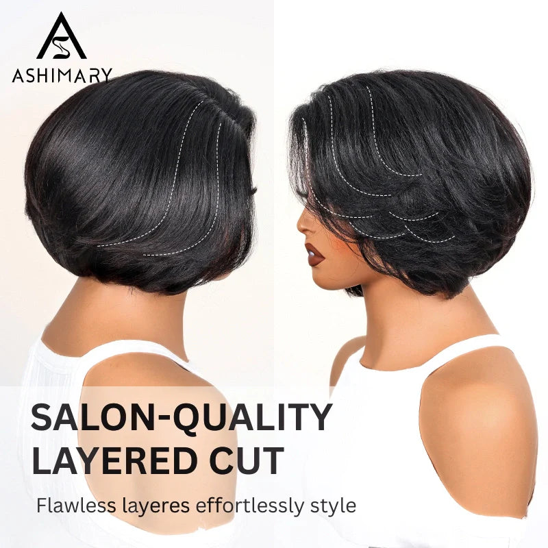 Yaki Straight Layered Wig 6x4.5 Lace Closure Short Pixie Cut Wig for Black Women Silk Press Human Hair Bob Wig