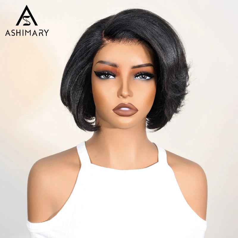 Yaki Straight Layered Wig 6x4.5 Lace Closure Short Pixie Cut Wig for Black Women Silk Press Human Hair Bob Wig