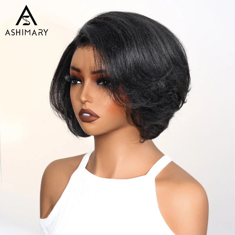 Yaki Straight Layered Wig 6x4.5 Lace Closure Short Pixie Cut Wig for Black Women Silk Press Human Hair Bob Wig