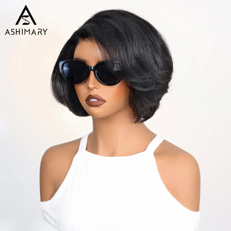 Yaki Straight Layered Wig 6x4.5 Lace Closure Short Pixie Cut Wig for Black Women Silk Press Human Hair Bob Wig